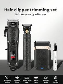 HIENA 男士四合一无线电动理容套装，包含理发器、修剪器、鼻毛修剪器，USB充电，专为全身理容设计，是理想的礼物之选。 - 黑色 - 查看 2