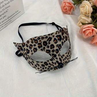 Lyxig leopardmönstrad halvmask med svart pärldekor - Leopardmönstrad kattögonmask för kvinnor med pärlnäsa - Julkostym - Maskerad Halloweenfestrekvisita