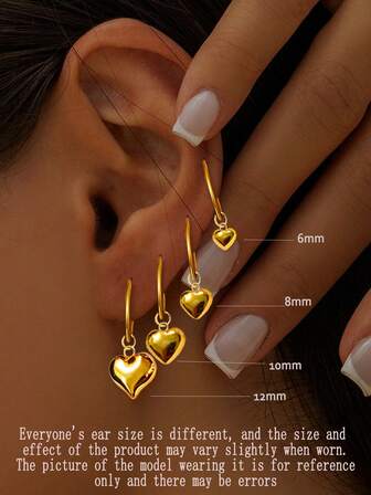 S925纯银单只心形耳环，耳钩式，尺寸可选6毫米、8毫米、10毫米、12毫米，适合日常佩戴。叠戴耳环是情人节的最佳礼物。