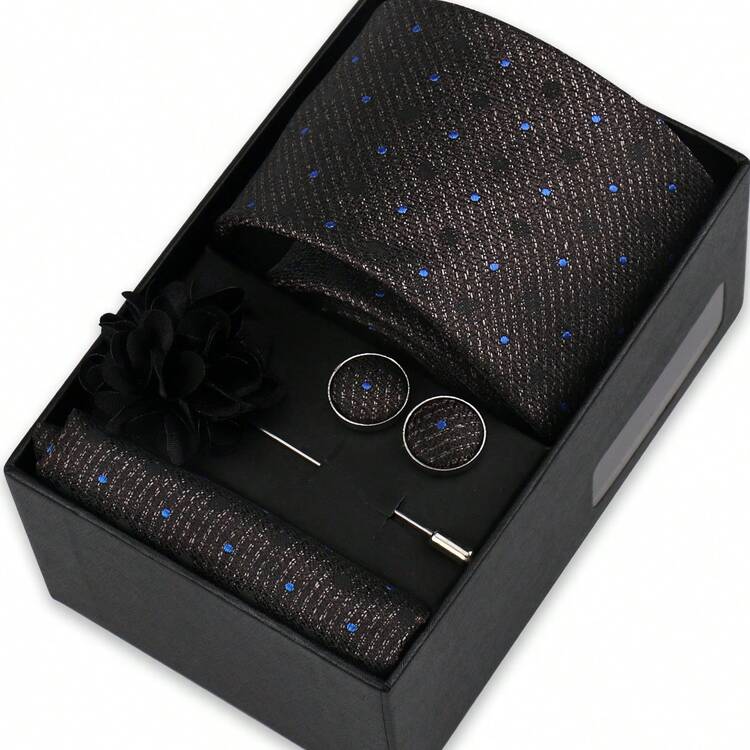 1 Set Tie, Pocket Square, Cufflinks, Boutonniere Box Gift Set For Men, Suitable For Party, Holiday, Luxury Gift,Accessories,Festival,Gifts - Color Mixing - View 7