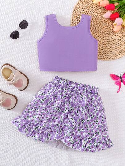 Girl'S Vest Top With Ruffled Edge Decoration Half Skirt Set In Two Pieces, Summer Party Casual Half Skirt Set