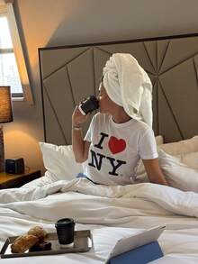 女士夏季上衣 - 白色短款T恤，印有“I ❤️ NY”字样 - 白色 - 查看 2