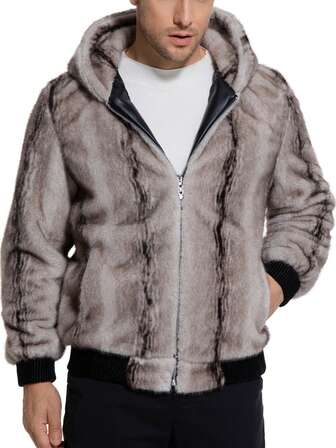 男士仿毛皮连帽夹克 米色连体外套 冬季保暖秋季户外休闲日常穿着