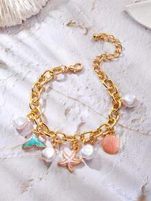 1 件度假海洋风格滴油珍珠贝壳海星手链，时尚个性化手链，适合女孩和青少年，优雅的欧美设计 - 彩色 - 查看 13