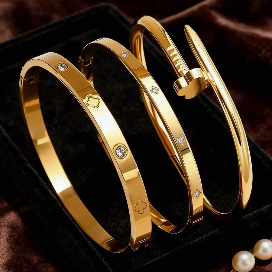3 Pcs/Set Waterproof Luxury Colored Zirconium Oxide Bracelet Stainless Steel Clasp Bracelet Fashion Jewelry Ideal For Gifting, Everyday Wear, Or Special Occasions Like Banquets, Parties, And Music Festivals. - 金色3件套 - 查看 1