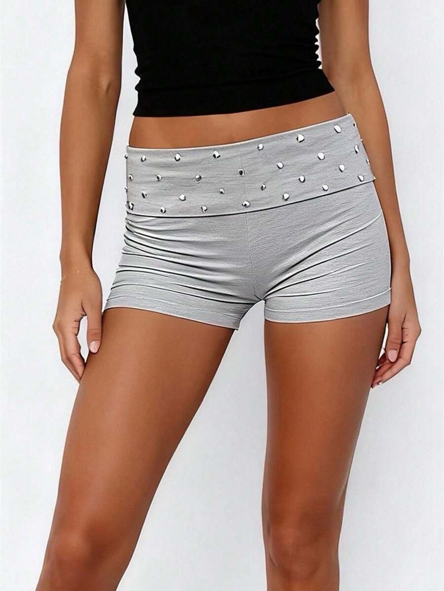 Studded Foldover Shorts For Women Rivet Low Rise Mini Lounge Sleep Pj Micro Shorts Comfy Fold Over Shorts Bottoms - Grey - View 1