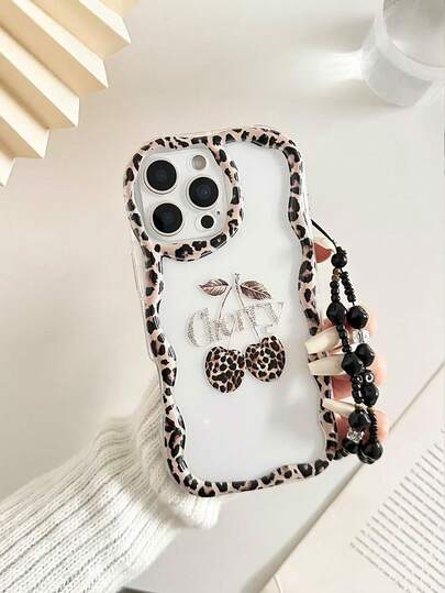 Cream Wavy Edged Glossy Leopard Print Cherry Painted Anti-Drop Phone Case With Beaded Bracelet Accessory, Compatible With IPhone 17pro/17Air /17/17promax16/11/16pro/16plus/16promax/16e/15Promax/13/14/12/XS/XR/7G/8P, Galaxy, Redmi