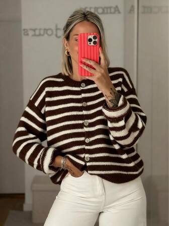 Women's Vintage Striped Cardigan, Casual Daily Wear, Suitable For Dates, Shopping, Spring/Autumn/Winter