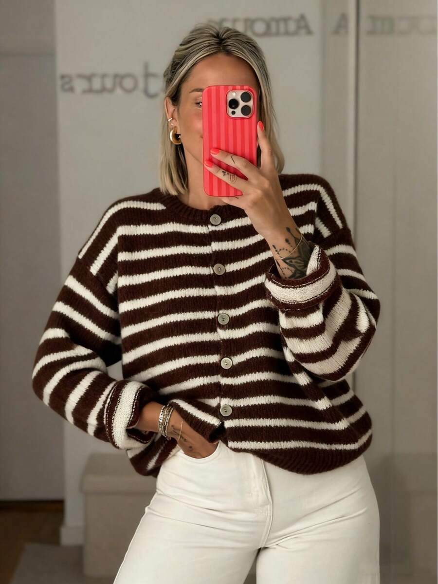 Women's Vintage Striped Cardigan, Casual Daily Wear, Suitable For Dates, Shopping, Spring/Autumn/Winter Vacation Brown Fall - Brown - View 1