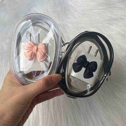 1pc Black/White Bow Transparent Storage Box, Minimalist Design Cable Organizer Box, Small Storage Pouch, Easy To Clean, For Storing Cables, Chargers, Earphone Cases, Mini Portable, Suitable For Daily Use, Outings, Travel
