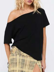 Womens Solid Striped Off One Shoulder Short Sleeve T Shirt Y2k Going Out Cute Sweet Fairy Vintage Aesthetic Preppy Clothes Stretchy Summer Casual - 黑色 - 查看 1