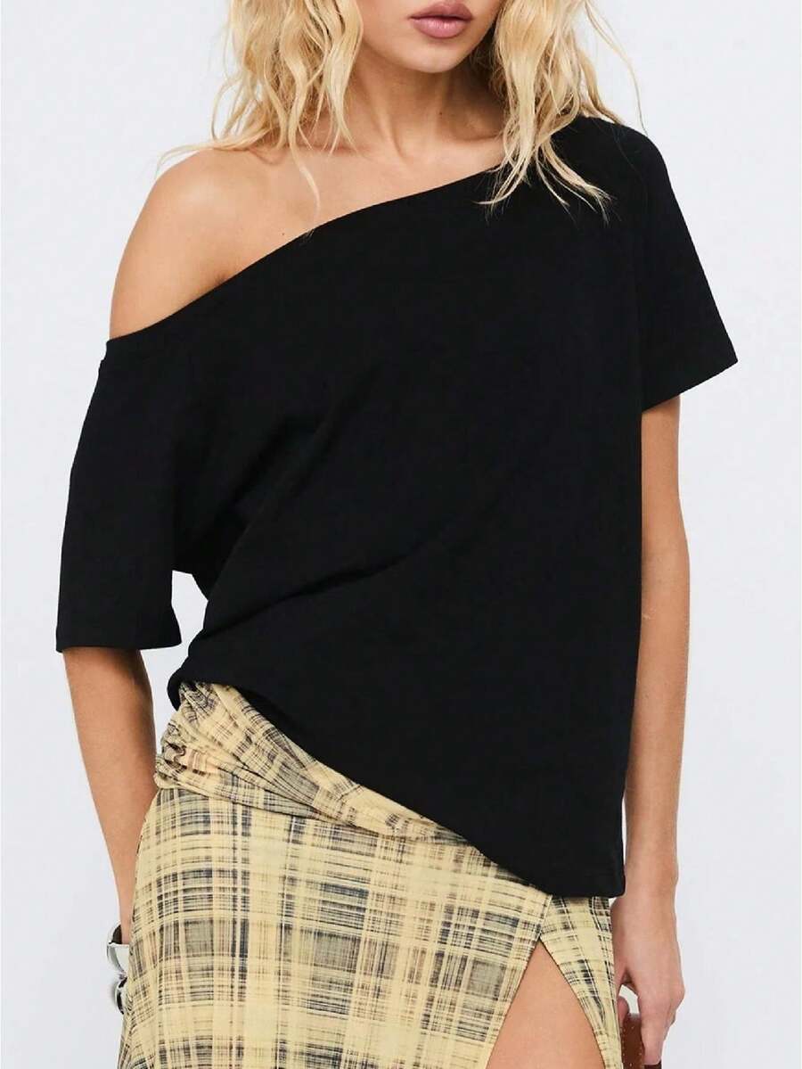 Womens Solid Striped Off One Shoulder Short Sleeve T Shirt Y2k Going Out Cute Sweet Fairy Vintage Aesthetic Preppy Clothes Stretchy Summer Casual - 黑色 - 查看 1