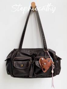 女士时尚街头休闲水洗 PU 人造皮革枕头包拉链开合多翻盖口袋手提包大容量顶部提手单肩腋下包适合日常通勤学院多功能四季 - 彩色 - 查看 17