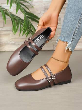Women's Fashion Flat Buckle Solid Color Casual Slip-On Shoes, Suitable For Daily Wear, Comfortable And Lightweight