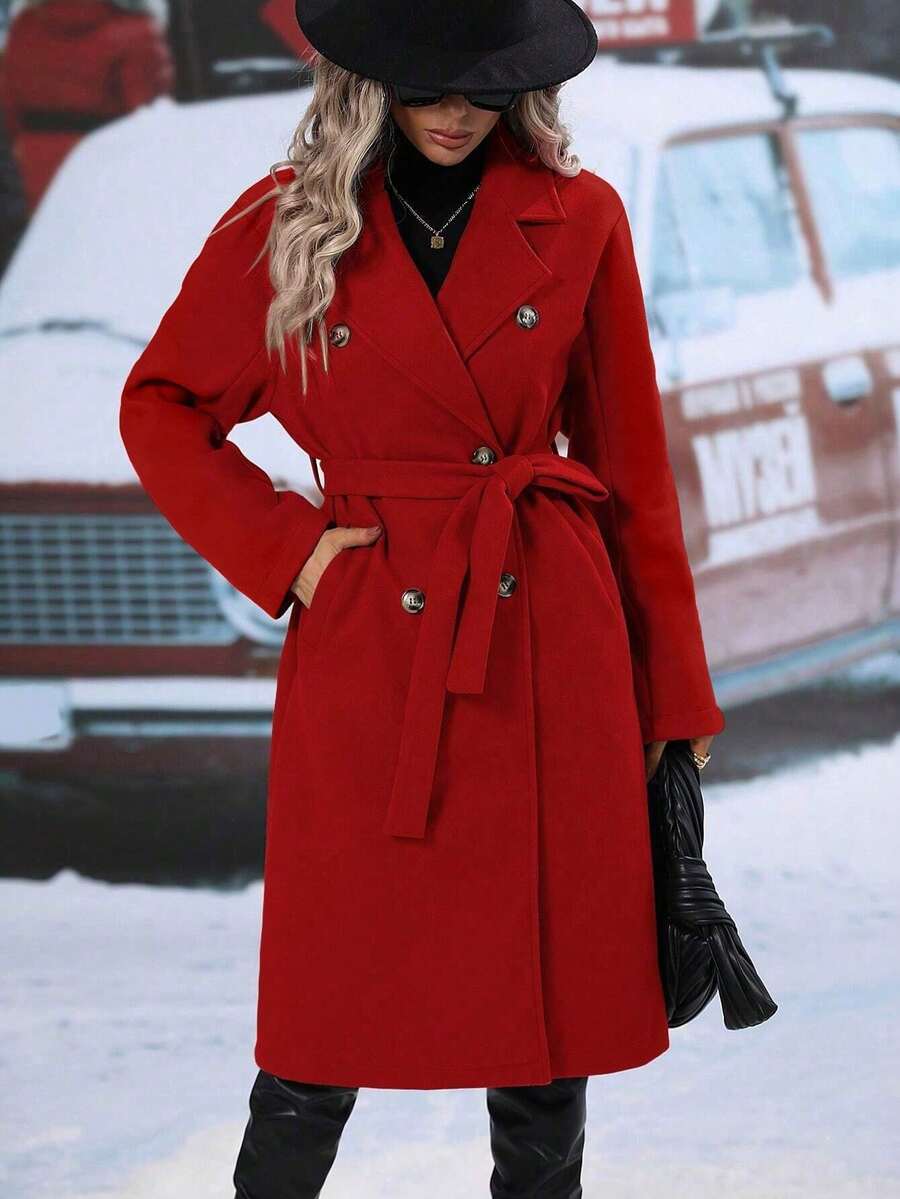 New Women's Lapel Double-Breasted Belt Woolen Coat Coat Women - 紅色 - 查看 1