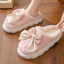 Women's Home Use Slippers - Filled With Padding, Thick And Warm, Cute With A Bow, Cotton Slippers With Thick Soles And Fluffy Texture - Maternity Indoor Home Use Thick-Soled Plush Slippers - 粉色 - 查看 5