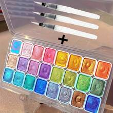 24色珠光水彩颜料套装 - 色彩鲜艳的实心包装，适用于中国画、唐卡书法和色彩丰富的艺术创作，适合专业艺术用途。