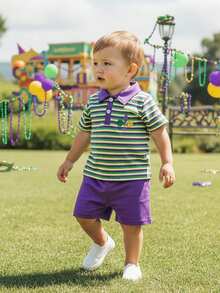 Toddler Boys Mardi Gras Shorts Set Short Sleeve Striped Shirt With Shorts Toddler Set Mardigras Summer Outfit,  Mardi Gras Baby Boy Outfit 3-24 Months , Mardi Gras Shorts For Toddler Boys  2-3 Years - 紫色 - 查看 4