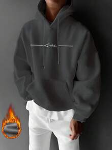 Zrgoth Men's Casual Street Floral Font Slogan "Grateful" Minimalist Print Fleece Hoodie, Autumn/Winter - Dark Grey - View 4