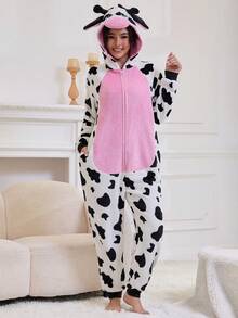 1件装女士保暖法兰绒奶牛印花连体睡衣，蓬松柔软，可爱卡通设计，宽松版型，适合圣诞派对和节日礼物，秋冬季节穿着，舒适保暖 - 白色 - 查看 9