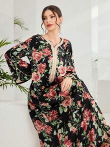 Long Sleeve Notched Neck Woven Fabric Arabian Dress With Floral Print Asymmetrical Design And Contrast Binding Details - Multicolor - View 4