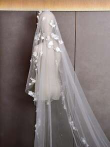 1pc Handmade Floral Beaded Cathedral Style Bridal Veil, Suitable For Wedding, Wedding Photography Props, Fingertip Length Registration Headpiece, With Metal Hair Comb - Ivory - View 13