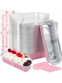 1/5/10 Sets Mini Toast Mold (With Lid And Spoon), Mini Cake Mold Set (With Lid), Rectangular Aluminum Foil Baking Cups, Pink, 6.8 Oz, Rectangular Aluminum Foil Baking Mold, Aluminum Foil Toast Mold, Portable Aluminum Foil Bread Party Dessert Supplies, Suitable For Wedding Birthday Party - Multicolor - View 1
