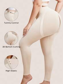 1pc Women's Plus Size High Waist Black Leggings, Slimming Tummy Control Shaping - Beige - View 4