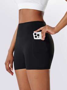 1pc Seamless High Waist Women Sports Shorts, With Side Pockets, Solid Color High Elasticity Compression Cycling Shorts, Suitable For Running, Pilates, Fitness, Yoga, Outdoor Cycling, Casual Wear - Black - View 5