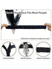 3/2/1 Set 1920s Flapper Accessories - Feather Fan, Headband And Gloves Set, Suitable For Vintage Weddings, Dance Costumes, Themed Outfits (Black) - Multicolor - View 3
