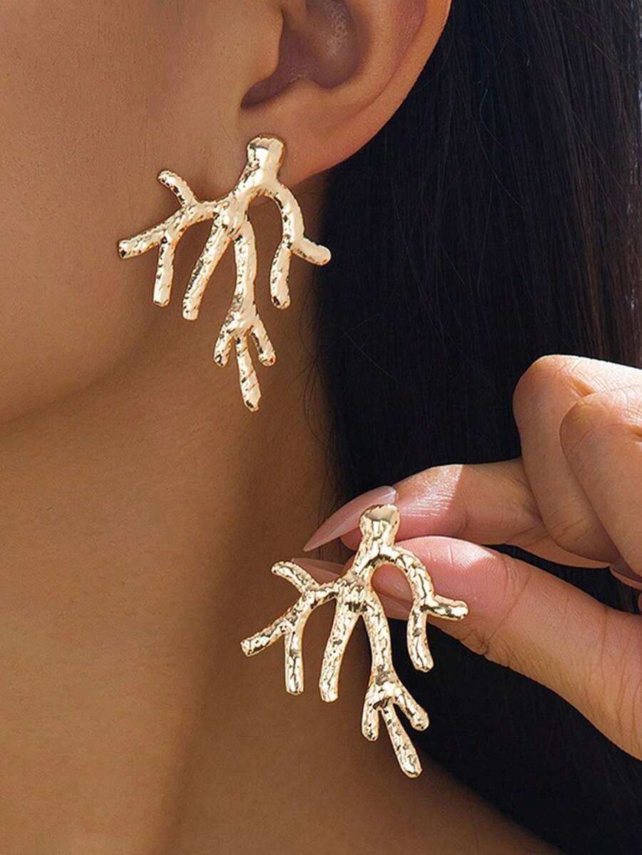 1 Par de Brincos de Botão Assimétricos Fashionáveis de Coral, Adequados para Uso Diário e Transporte - Ouro amarelo - Visão 1