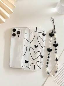 Cream Wavy Edge Glossy Heart Painting Anti-Drop Phone Case With Beaded Bracelet Accessory, Compatible With IPhone, Compatible With Galaxy, Compatible With Redmi,International Version, Not The Domestic Version - Multicolor - View 5