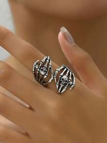 Nooxian 1 chiếc nhẫn có thể điều chỉnh hình đầu lâu và móng vuốt Gothic, phụ kiện nhẫn đeo tay phong cách Punk dành cho cả nam và nữ, quà tặng - Màu Bạc Cổ - Xem 2