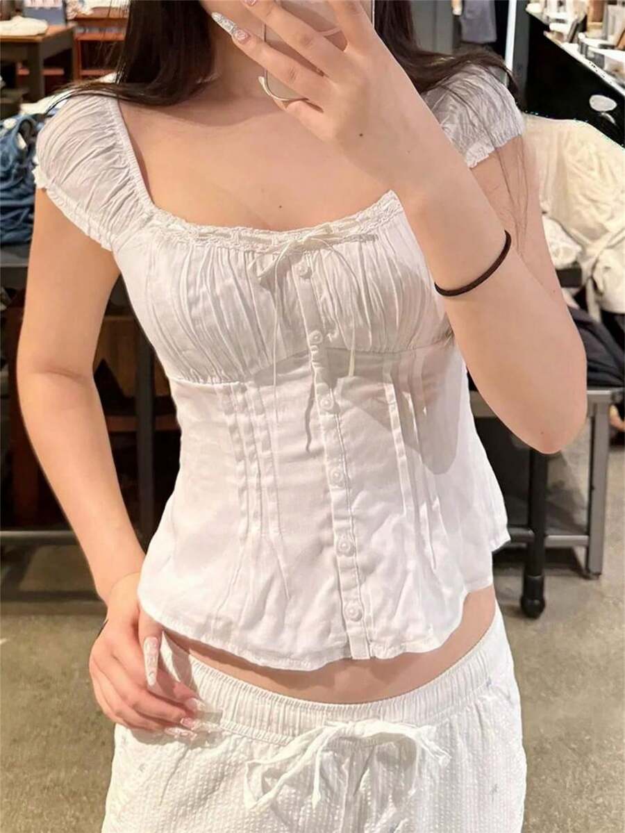 Women's Y2K Fairycore Shirt Top Vintage Cap Sleeve Tie Front Square Neck Button Down Ruffle T Shirts Crop Tops Solid Color Slim Fit Frill Tees Summer Blouses Casual Going Out Tops Aesthetic Clothes Party Club Streetwear - 白色 - 查看 1
