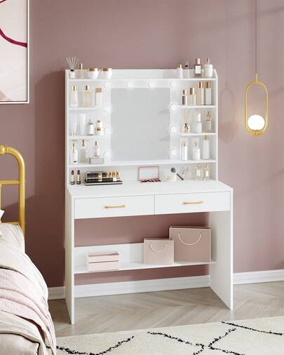 Vanity Desk With Mirror And Led Light, Adjustable Brightness, Dressing Table With Shelves And 2 Drawers, For Bedroom, 40 X 100 X 149 Cm, White