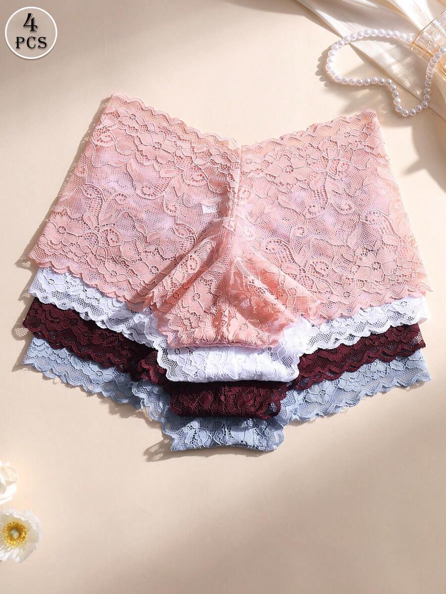 4条装女士性感蕾丝拼接低腰三角裤，中腰无缝设计，柔软透气，收腹提臀，弹力面料，适合瑜伽、运动和日常穿着