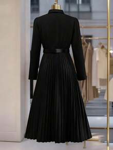 Women's Elegant Pleated Dress, Button Waist Long Sleeve Shirt Style Dress (Belt Not Included) - Black - View 3