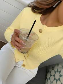 Women's Autumn Graduation Season Casual Crewneck Butter Yellow Ruffle Button Knitted Top Pullover Work/Office - Yellow - View 2