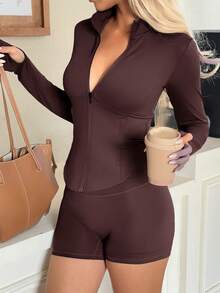 GAOVOT 2pcs Women's Spring/Summer Sports & Casual Outfit, Including Stand Collar Zip-Up Jacket And High Waist Skinny Shorts, Suitable For Running, Yoga And Other Workouts