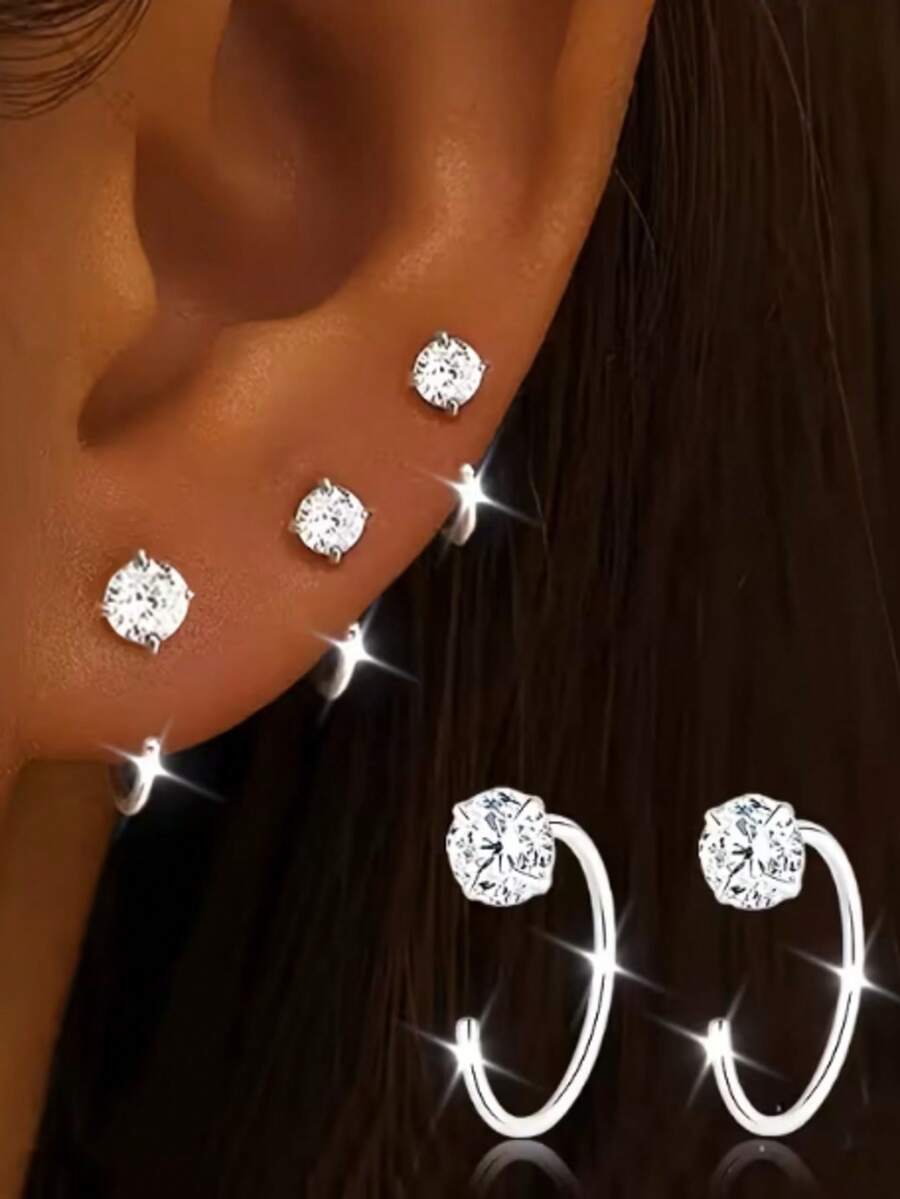 3pcs Elegant Silver Cubic Zirconia Earrings, Minimalist Design, Suitable For Daily Wear, Gifting And Vacation - Durable And Fashionable Jewelry, Exquisite Style, High-Quality Gems, Stylish Accessory - Silver - View 1