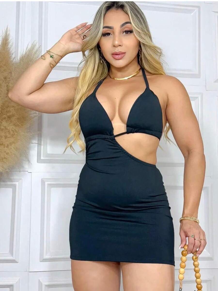 Vestido Curto Biquini Detalhe Frontal Sutiã Tecido Forrado Elegante Festa Costas Nuas Sem Costas Vazado Cortado Praia Sitio Piscina Areia Mar Férias Festas Balada Viagem Noite Sair Amigas Natal Ano Novo Revelion 2026 Moda Feminina Fashion Primavera e Verão - Preto - Visão 1