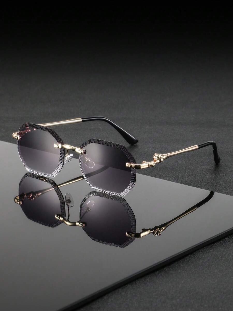 1 Pair Men's Metal Frame Oval Shaped Fashion Glasses, Modern Classic Style, Suitable For Beach, Sunbathing, Patio, Bar - Gold - View 1
