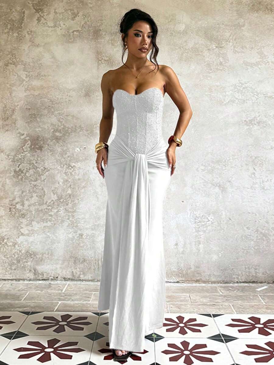 纯色优雅性感针织面料扭结拉链露背连衣裙，适合婚礼、生日派对、正式晚宴、返校派对、春夏派对等场合，白色