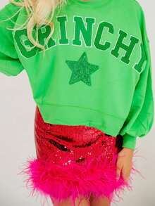 Women Y2K Sequin Feather Skirt Holiday Sparkly Furry Bodycon Mini Skirts Glitter Disco Party Tutu Skirt With Fur Trim - 粉色 - 查看 2