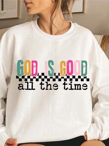 2026 Long Sleeve Tops Women Ladies Christian Faith Sweatshirt - "God Is Good Forever" Sublimation Print, Jesus Cross And Floral Plaid Design, Soft Loose Long Sleeve Pullover, Machine Washable Spring Summer Casual Church Wear Loose And Comfortable Winter Clothes For Women Plus Size Women Clothes - 淺灰色 - 查看 6
