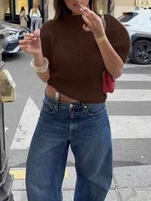 Áo len nữ tay ngắn cổ tròn mùa xuân/hè, áo len nữ dáng rộng thoải mái đi làm, áo len màu trơn thanh lịch đa năng mặc hàng ngày. - đỏ thẫm - Xem 4