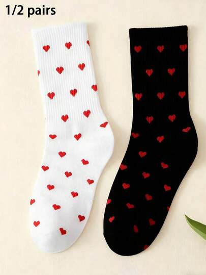1 Pair/2 Pairs Women's Black & White Mid-Calf Socks, Valentine's Day Socks, Couple Socks, Versatile & Red Heart Mid-Calf Socks, All Season
