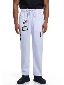 cimmuovere Pantalones cargo de corte slim para hombres, con cierre de cremallera, 5 bolsillos, cintura elástica, tejido elástico, fácil cuidado, uniforme para hombres/uniforme médico - Blanco - Ver 3