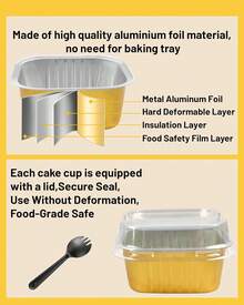 Moldes de papel de aluminio pequeños cuadrados para hornear, 50 unidades, charola desechable con tapa, contenedor para cupcakes, brownies, pasteles de queso, color dorado - Negro - - Ver 10