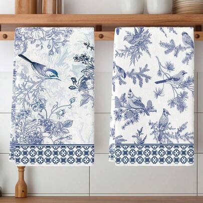 2pcs/Set Classical Blue And White Porcelain Kitchen Towels, Blue And White Porcelain Color Matching, Blue Pine And Bird Design, Kitchen Dishwashing Tea Towels, Kitchen Home Decoration, Table Decor, Suitable For Kitchen Restaurants, Commonly Used For Daily Cleaning And Holiday Decorations